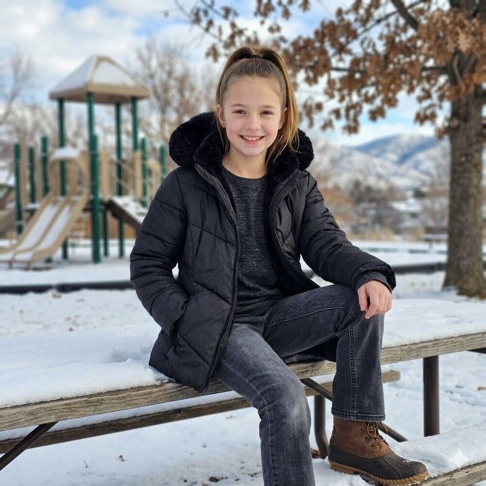 SwissTech Girls Large 10 12 Quilted Puffer Jacket Black Faux Fur Hooded Coat